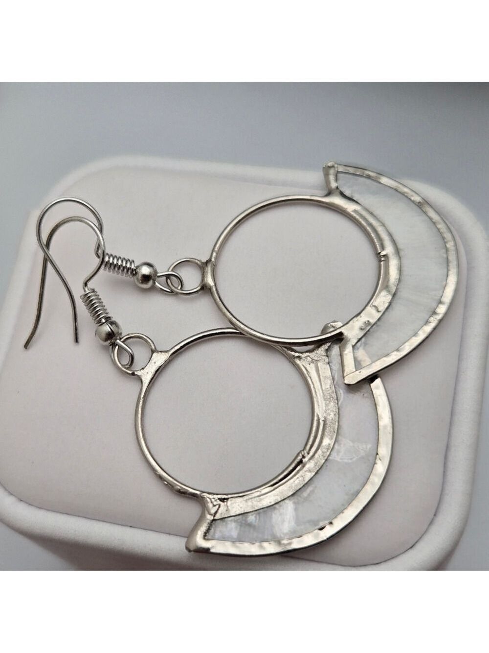 Handmade Silver Crescent Moon & Circle Dangle Earrings Ten Thousand Vill